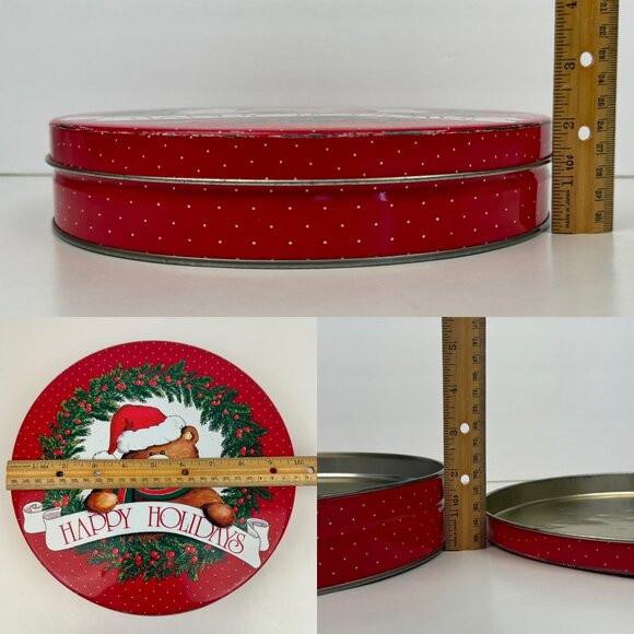 Vtg Round Metal Tin Teddy Bear Happy Holidays Red w Polka Dots 10in Diameter - Picture 3 of 13